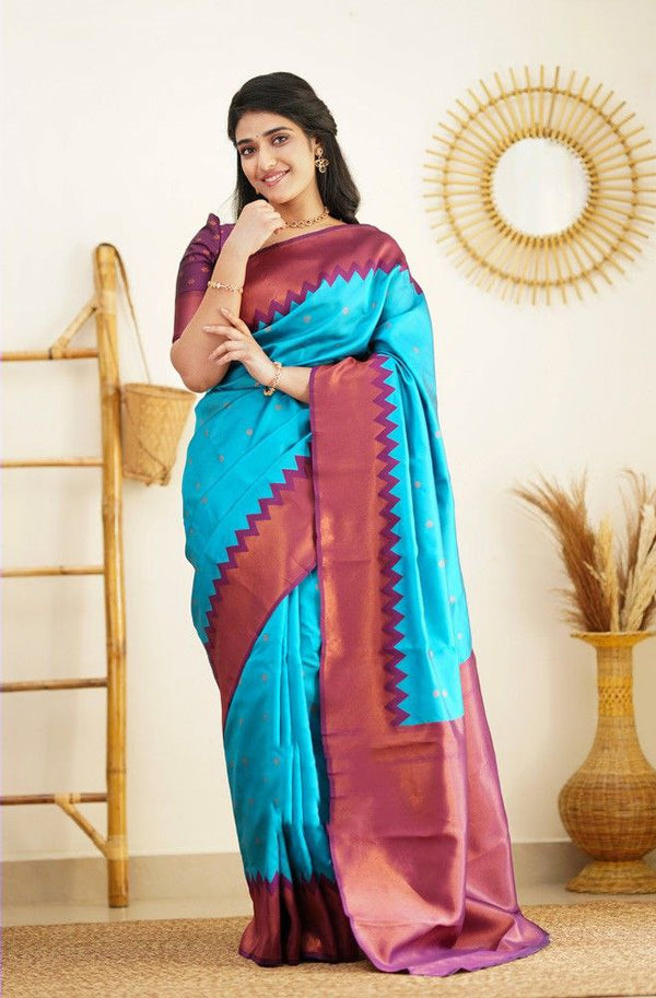 Sky Blue Color Coper Jari Design Jacquard Border Silk Saree
