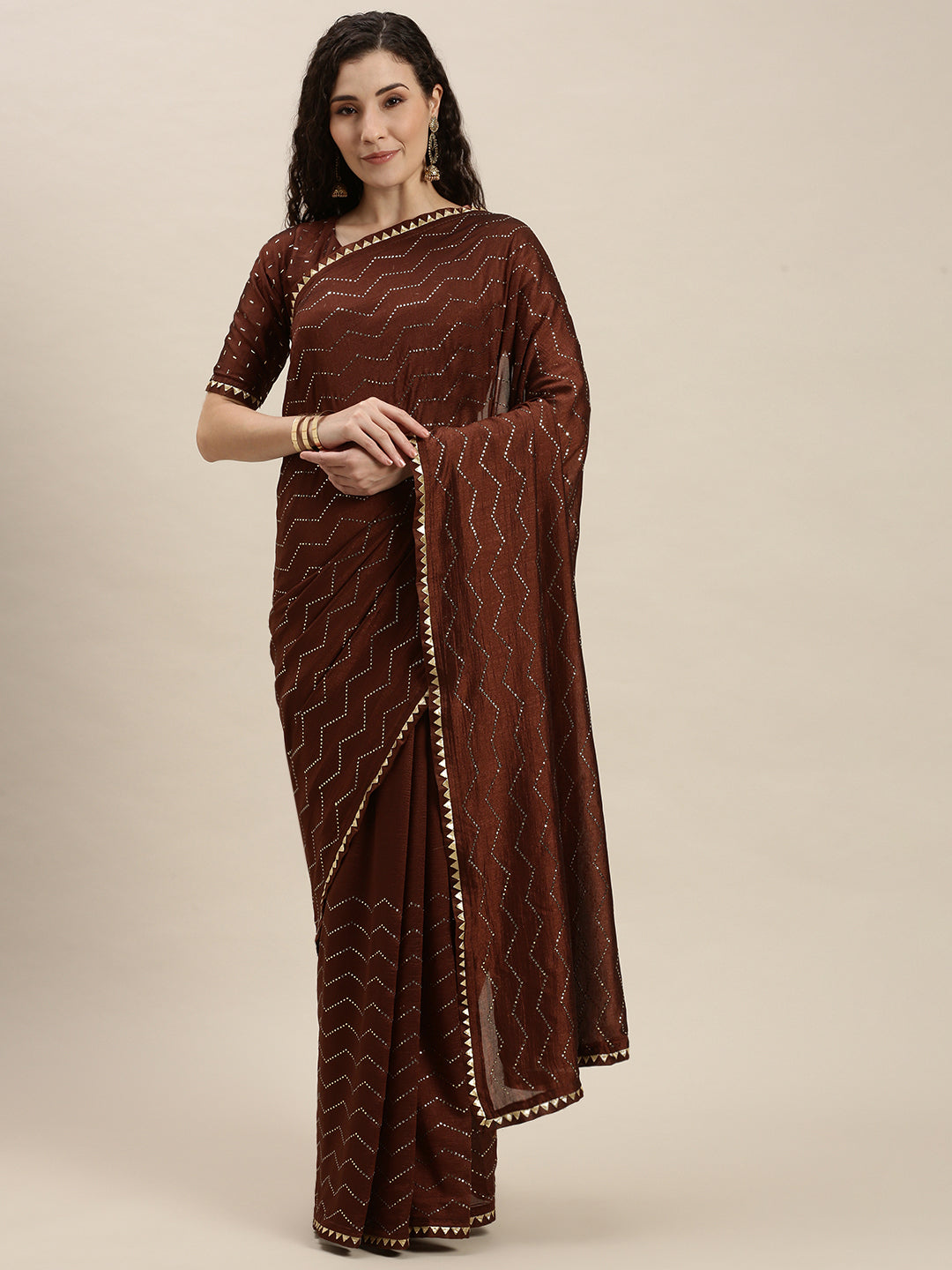 Brown Color Golden Stones Work Art Silk Saree