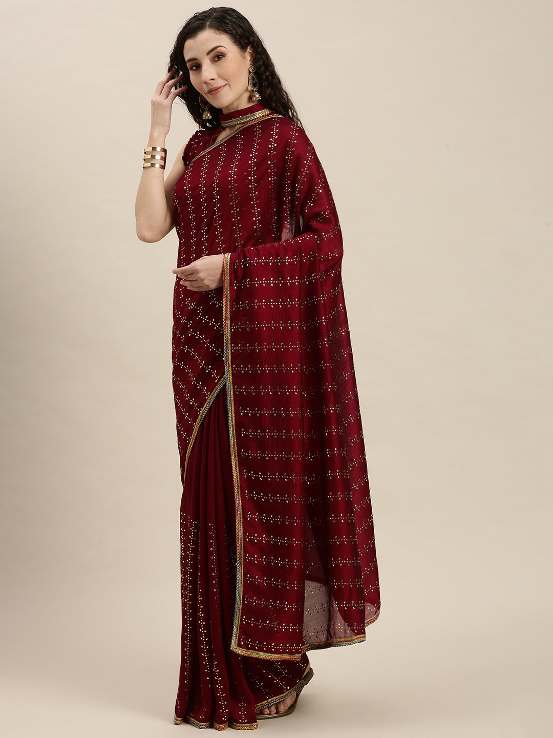 Admiring Dark Pink Beads and Stones Work Saree