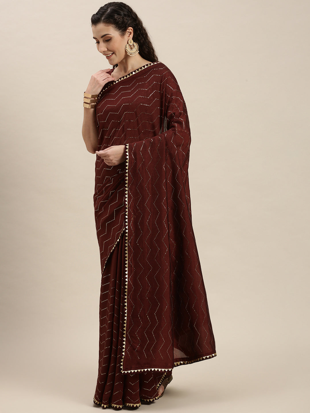 Luxuriant Maroon Golden Stones Work Art Silk Saree