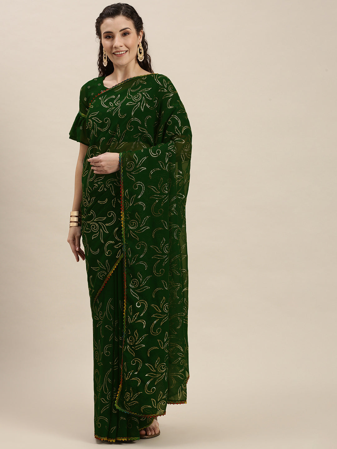 Fancy Green Color Beads and Stones Embroidered Saree