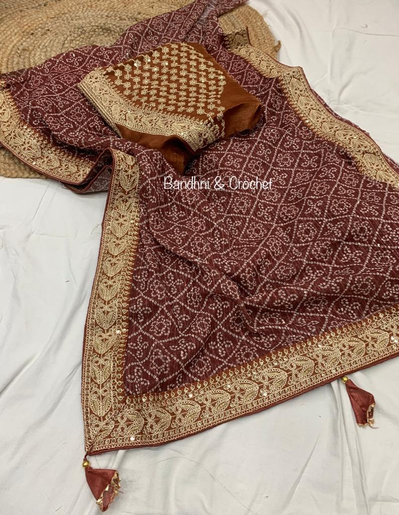 Bandhani Print Brown Color Crochet Work Saree