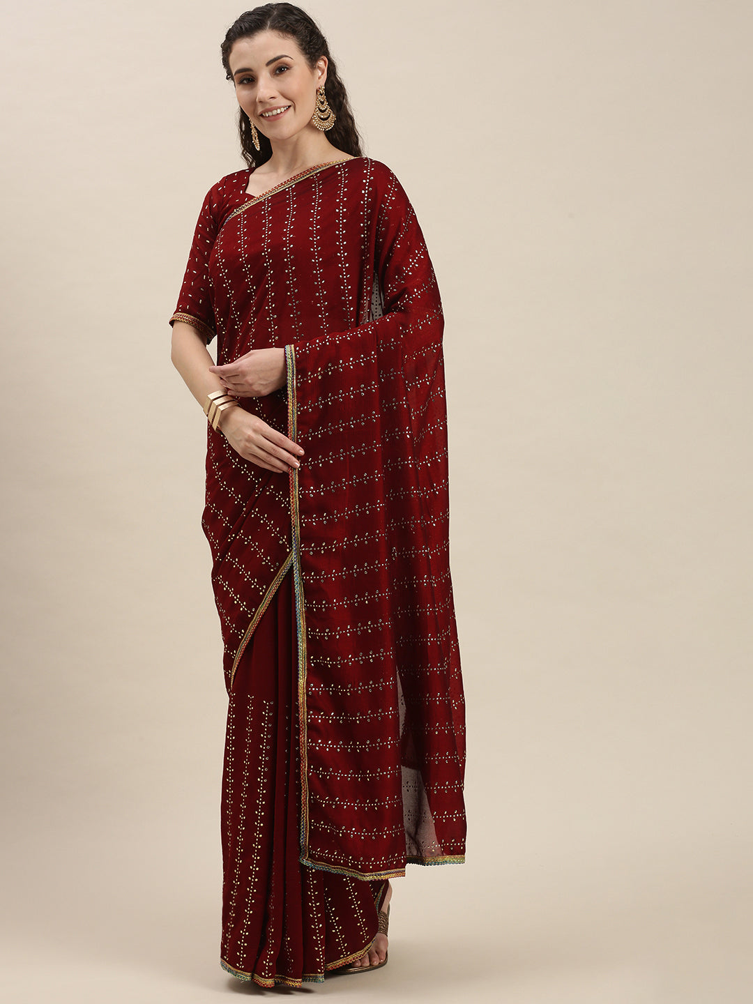 Elegant Red Color Beads and Stones Work Saree