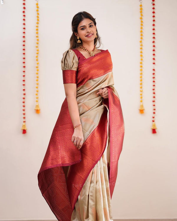 Beautiful Designer Cream Color Coper Jari Design Soft Silk Saree