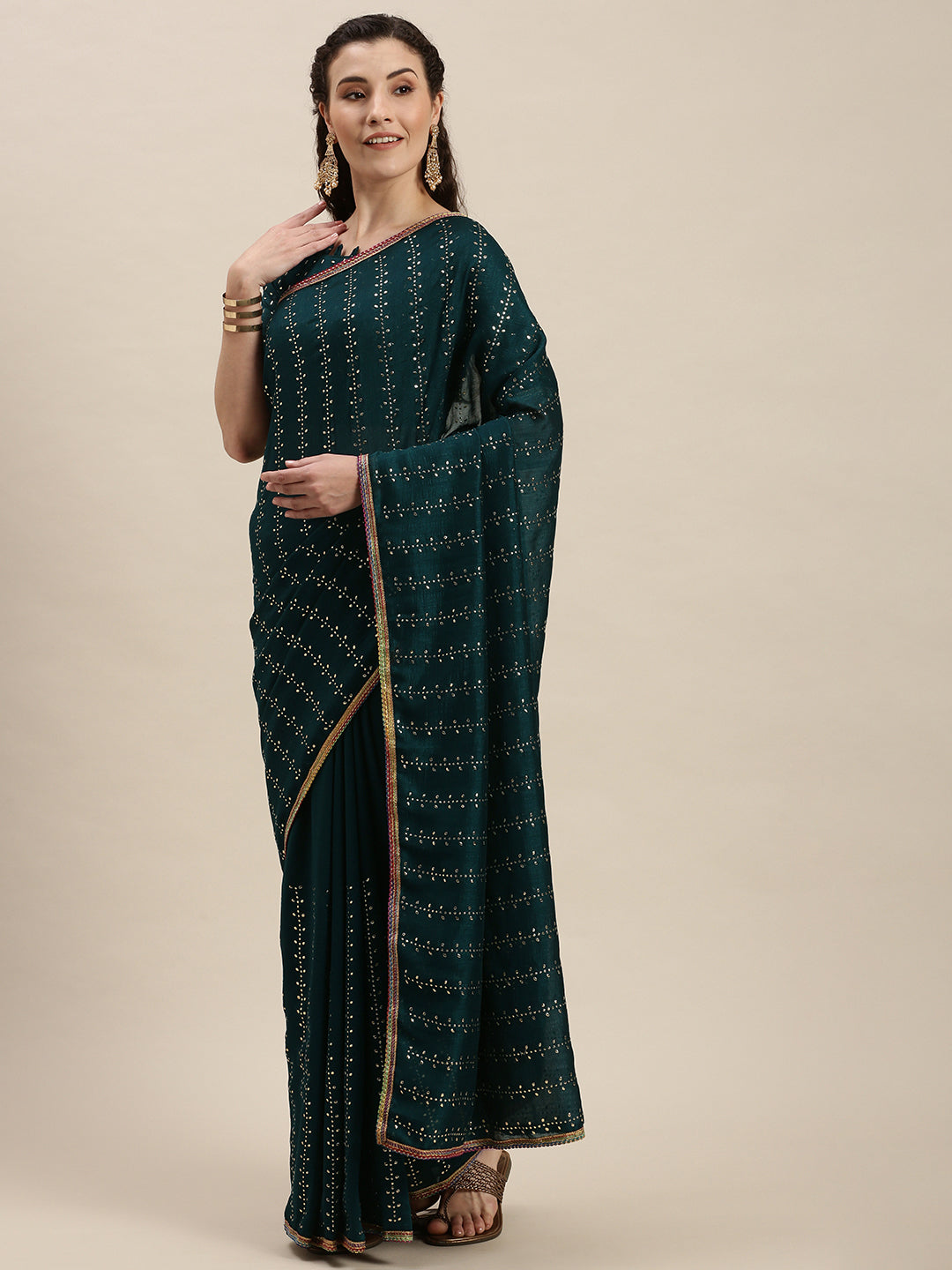 Imposing Sea Green Beads and Stones Work Saree