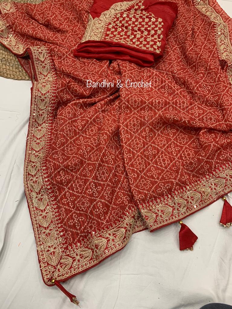 Bandhani Print Maroon Color Crochet Work Saree