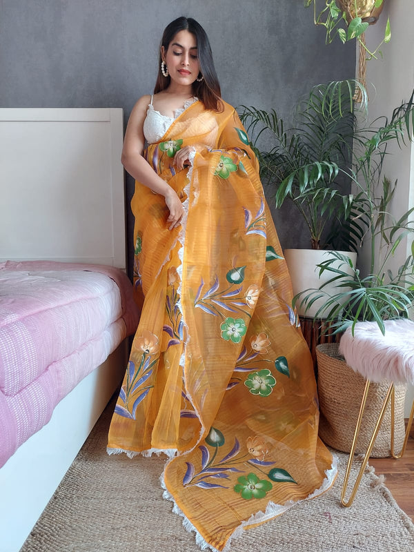 Handprint Flower Print Organza Mustard Color Saree