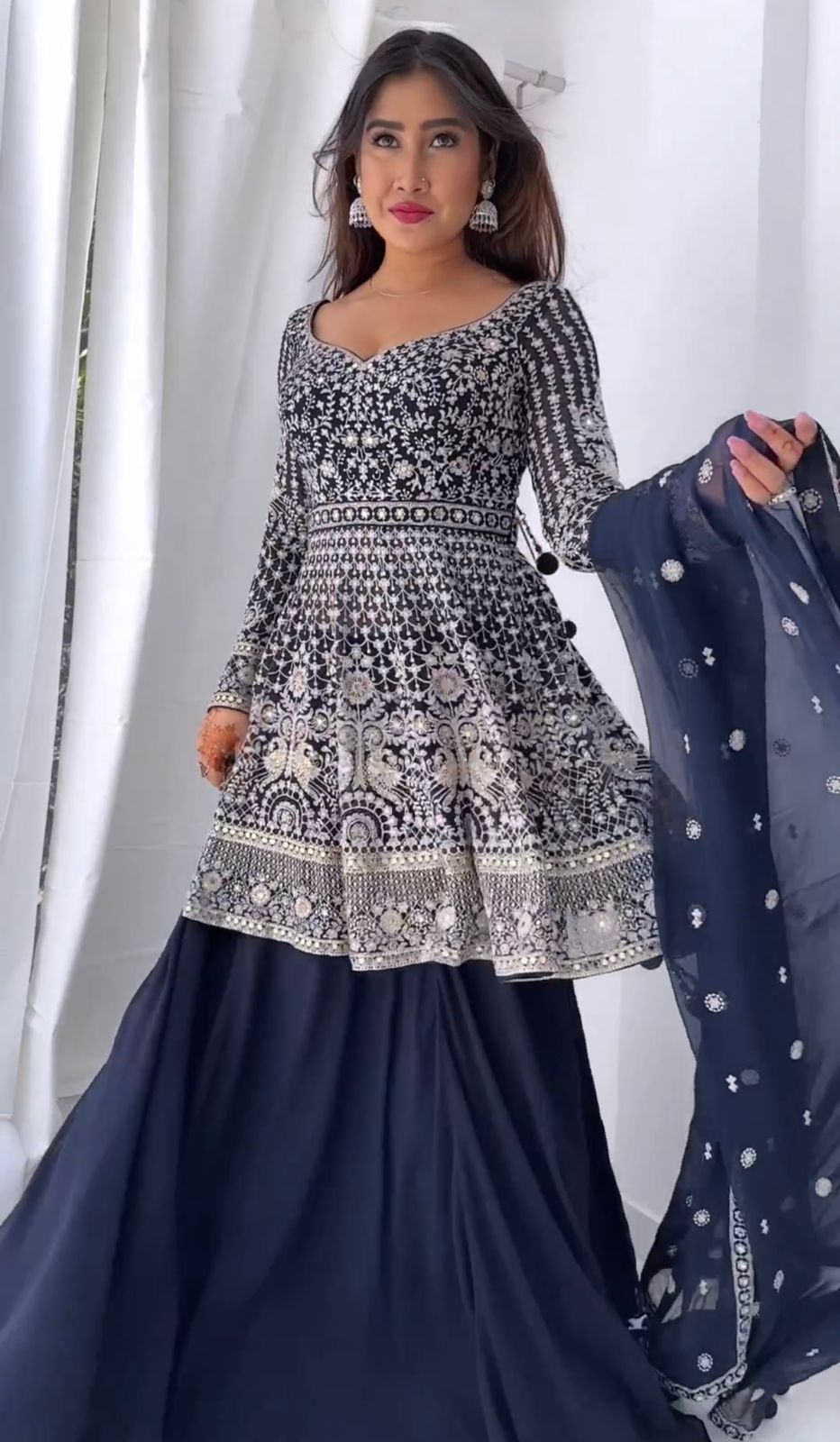 Decent Navy Blue Color Embroidery Work Top With Lehenga