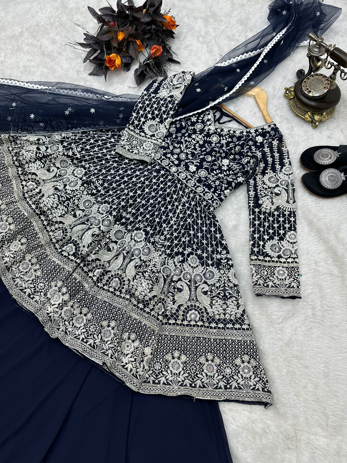 Decent Navy Blue Color Embroidery Work Top With Lehenga