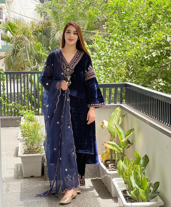 Navy Blue Color Embroidery Work Velvet Plazzo Suit