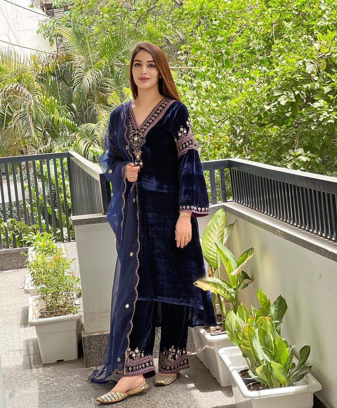 Navy Blue Color Embroidery Work Velvet Plazzo Suit