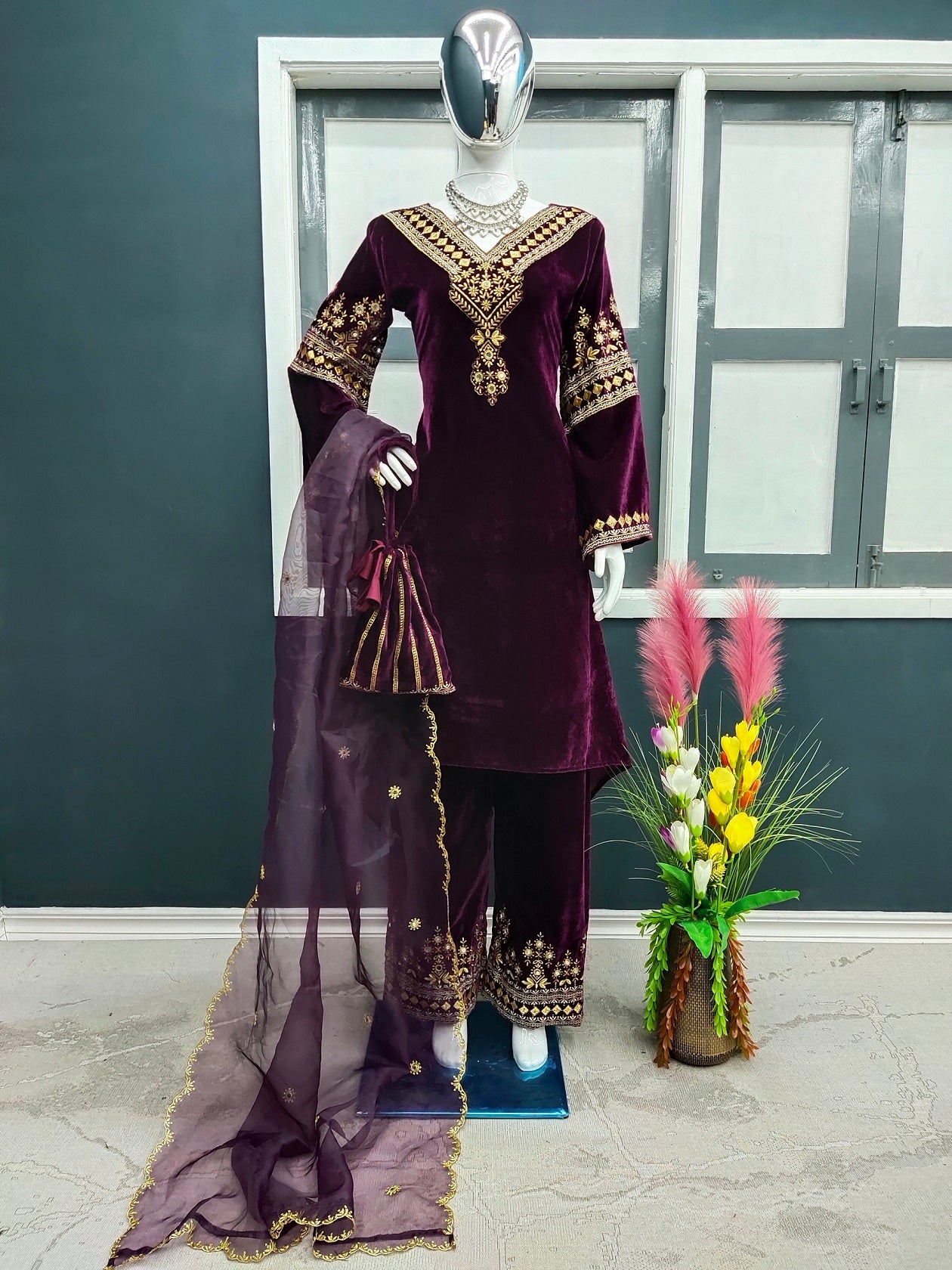 Wine Color Embroidery Work Velvet Plazzo Suit