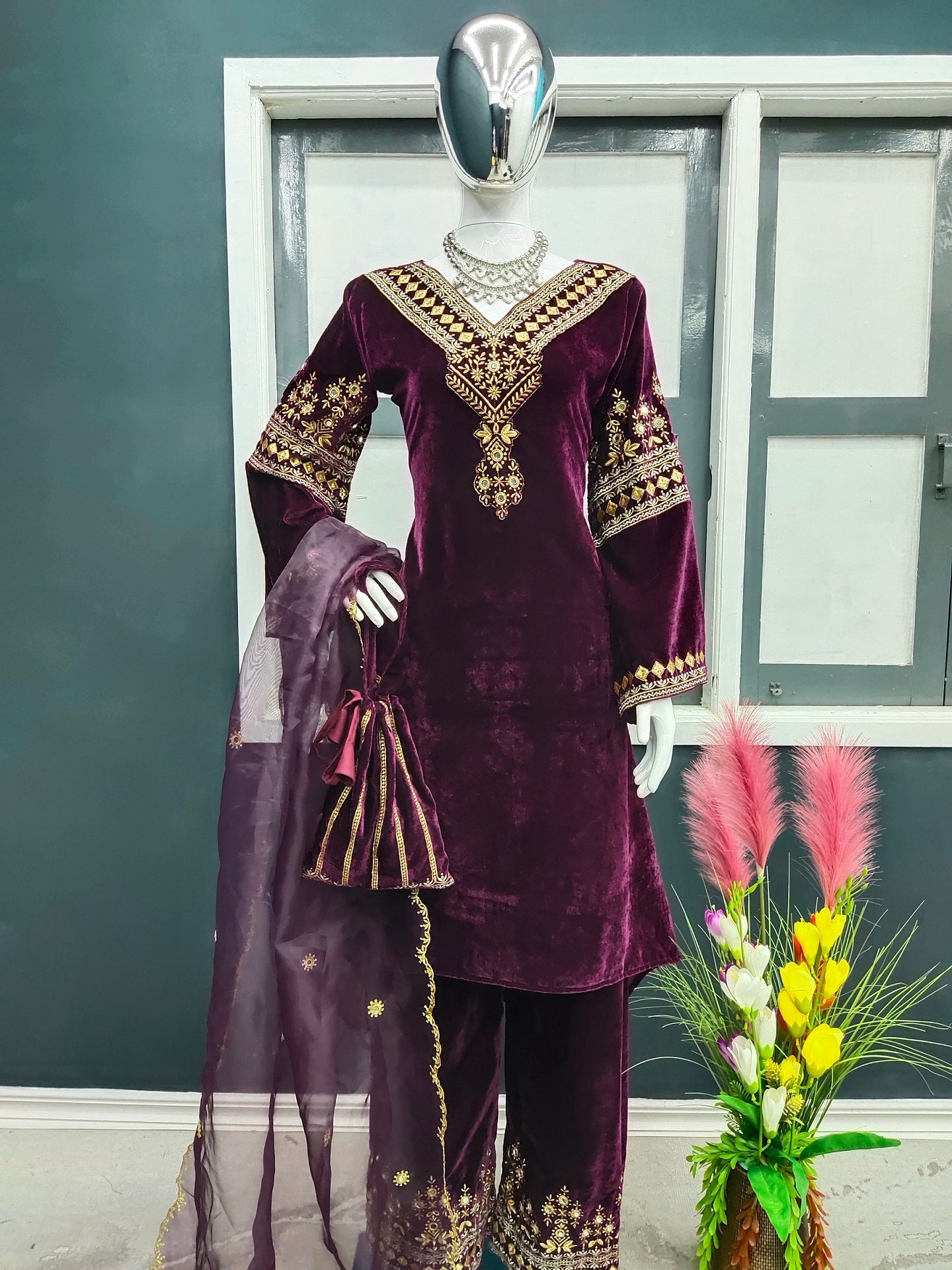 Wine Color Embroidery Work Velvet Plazzo Suit