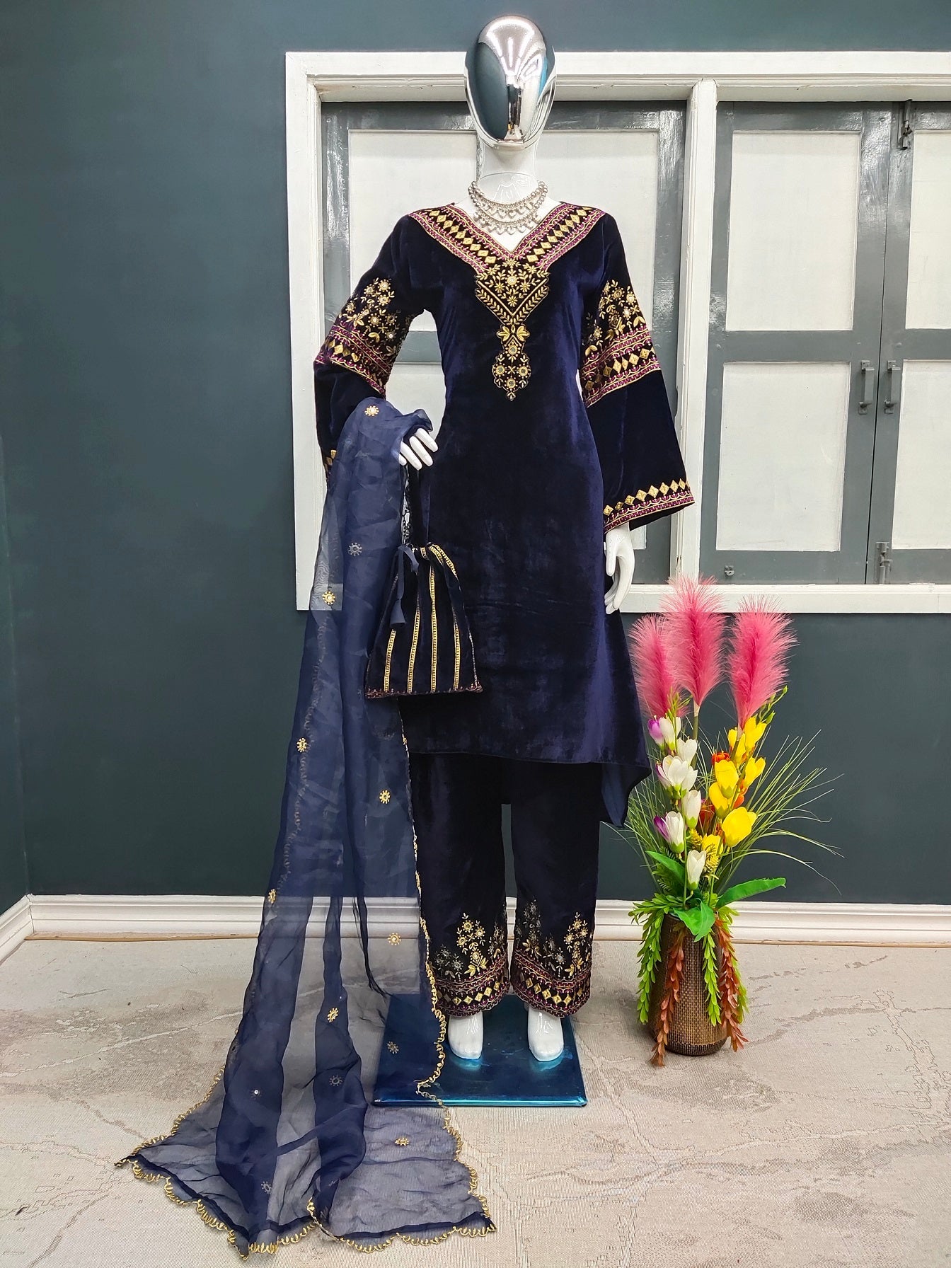 Navy Blue Color Embroidery Work Velvet Plazzo Suit