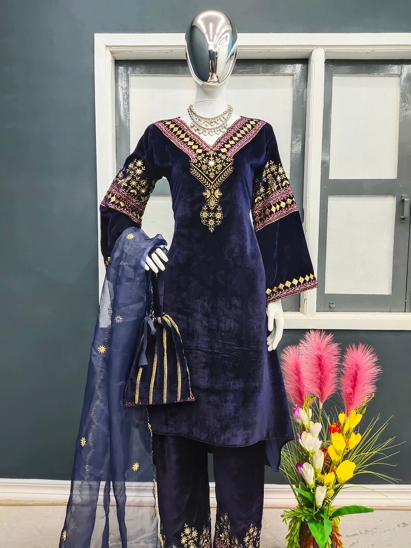 Navy Blue Color Embroidery Work Velvet Plazzo Suit