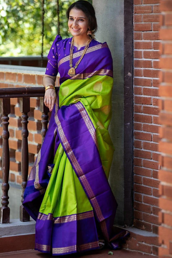 Parrot Green Color Soft Lichi Silk Imposing Saree
