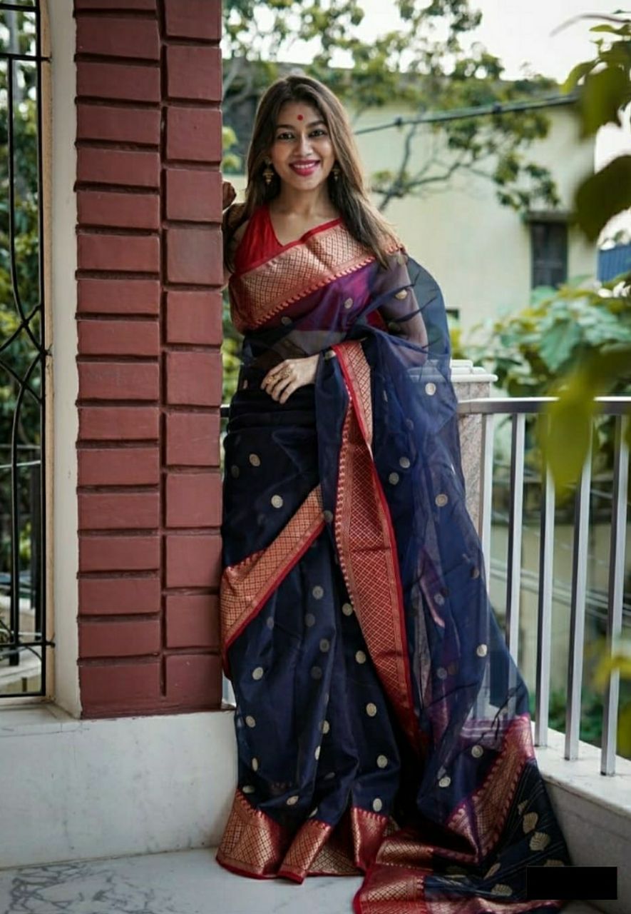 Pretty Navy Blue With Red Soft Lichi Silk Saree