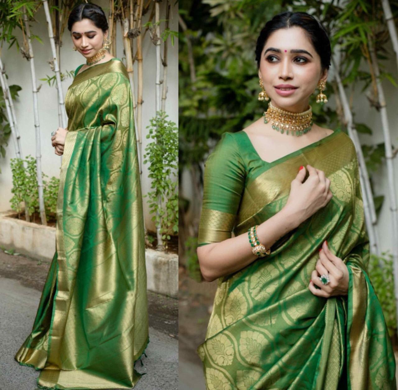 Green Color Pure Soft Lichi Silk Amazing Saree