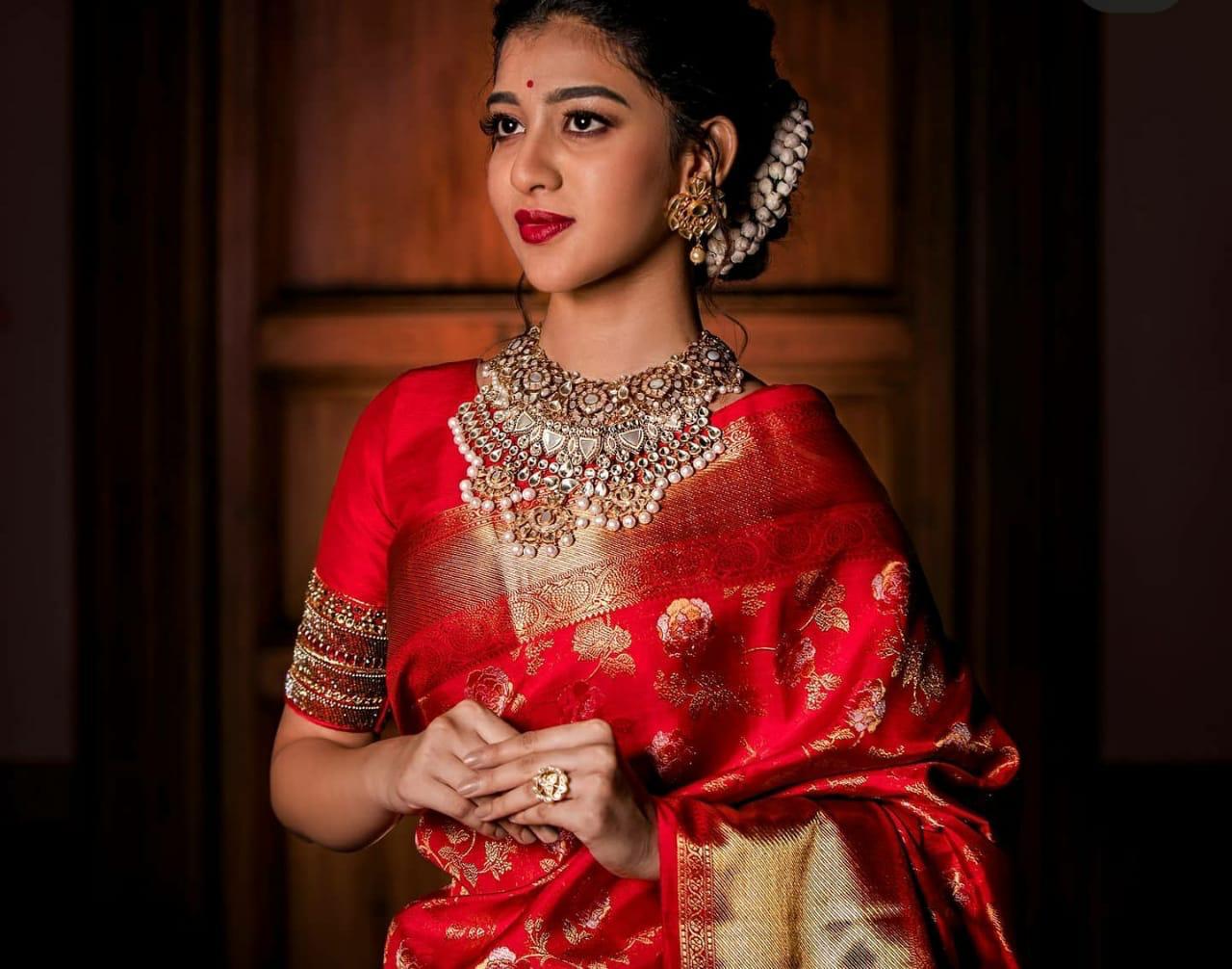 Alluring Red Color Flower Design Saree