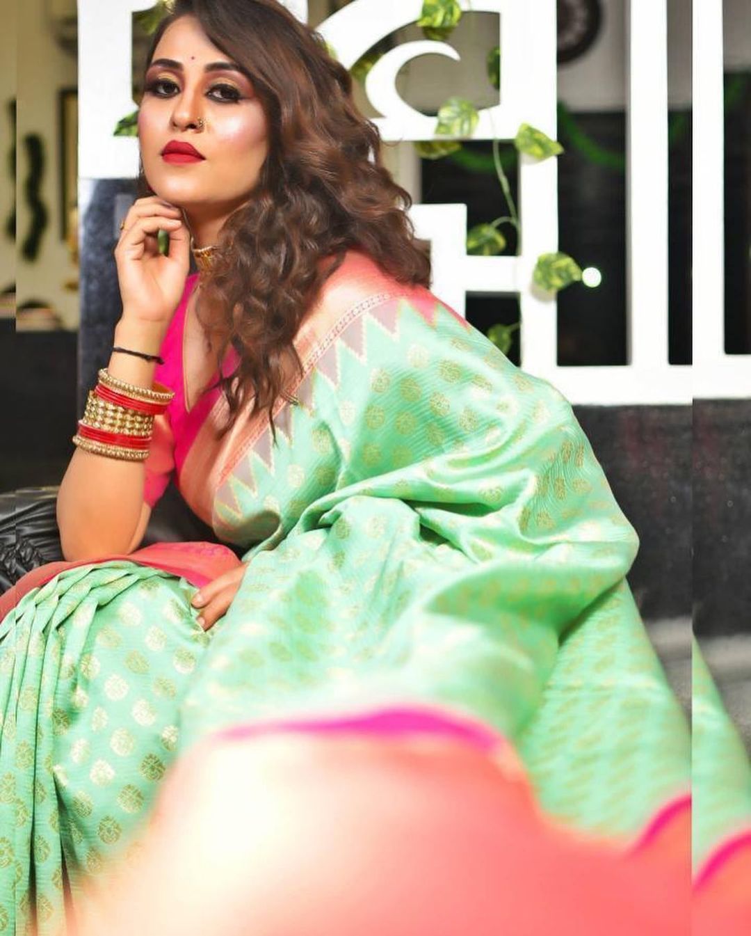 Pista And Pink Pure Lichi Silk Luxuriant Saree