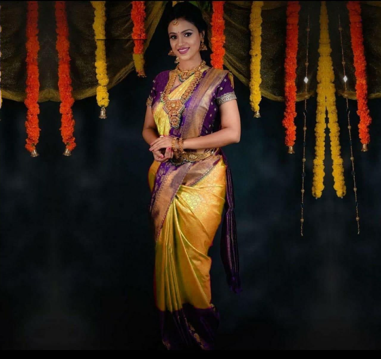 Yellow Color Banarasi Purple Border Saree