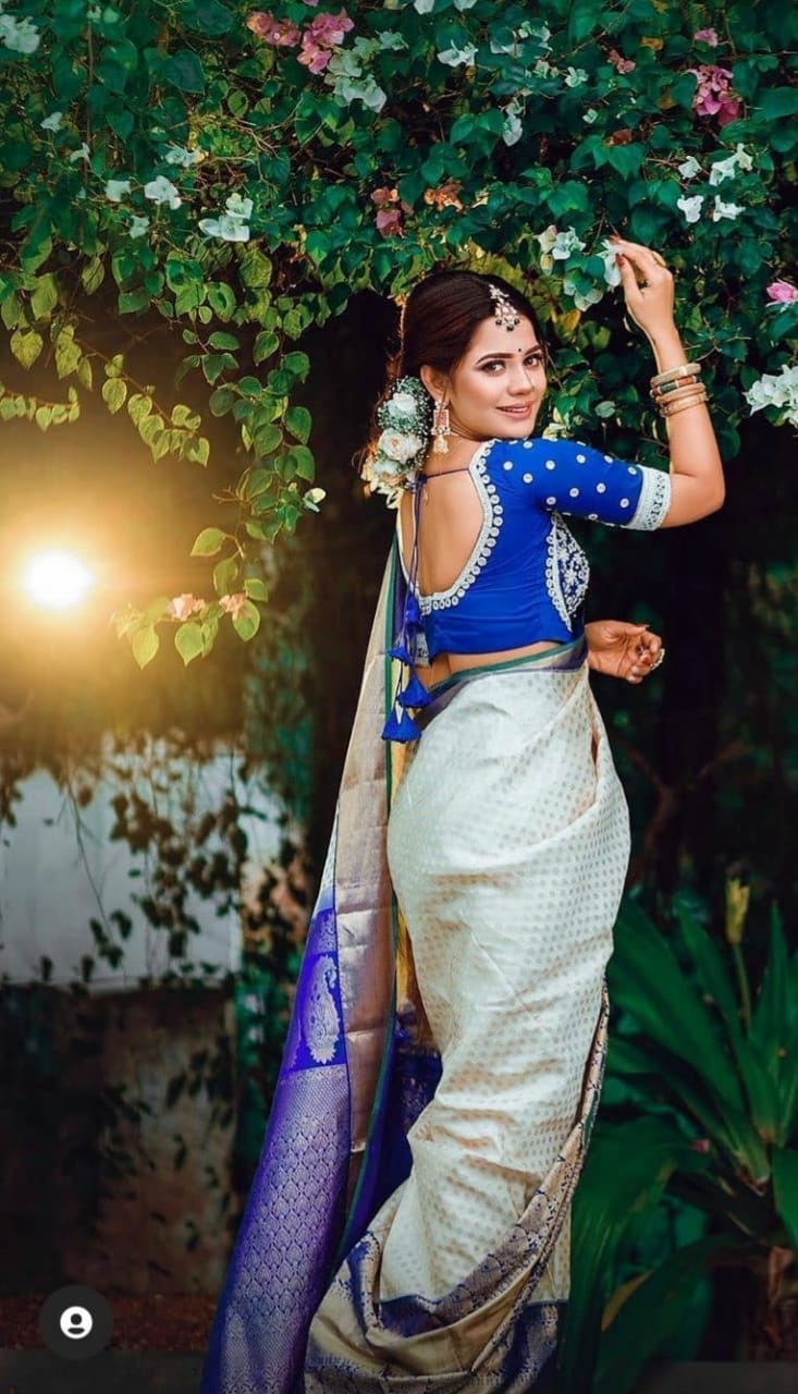 White and Blue Festive Wear Soft Silk Saree