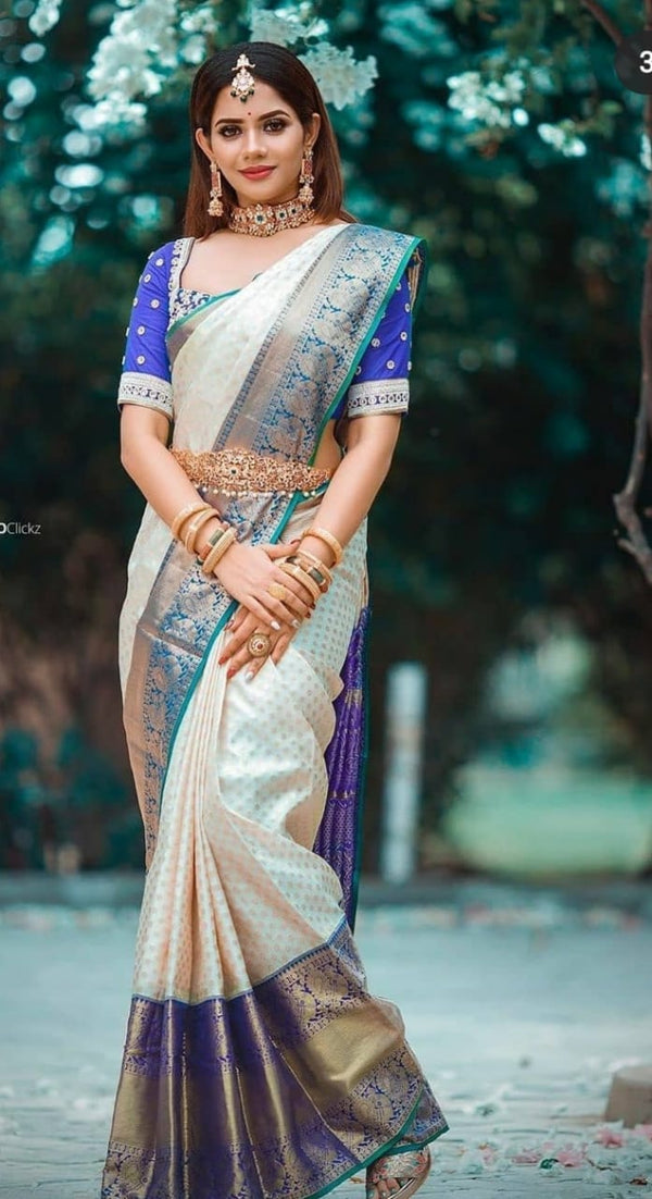 White and Blue Festive Wear Soft Silk Saree