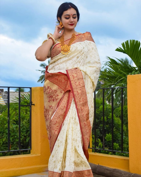 White With Red Color Soft Silk Designer Saree