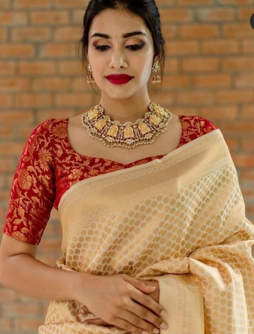 Awesome Cream Color Soft Banarasi Silk Saree
