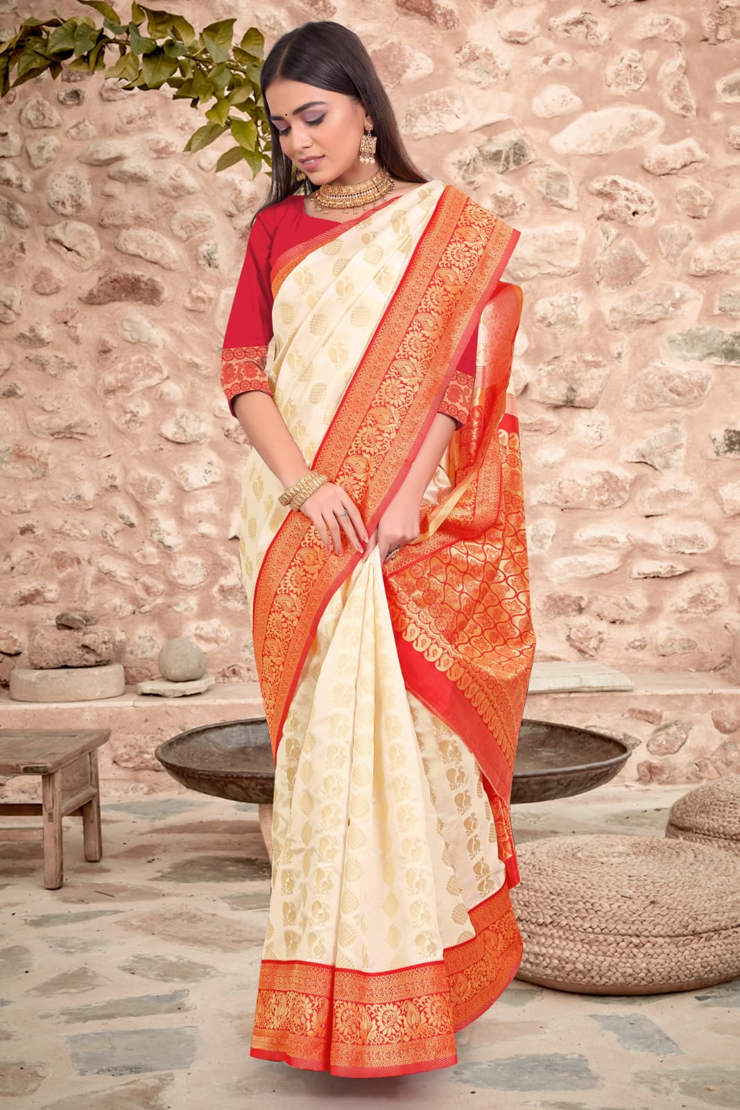 Stunning White And Red Soft Lichi Silk Saree