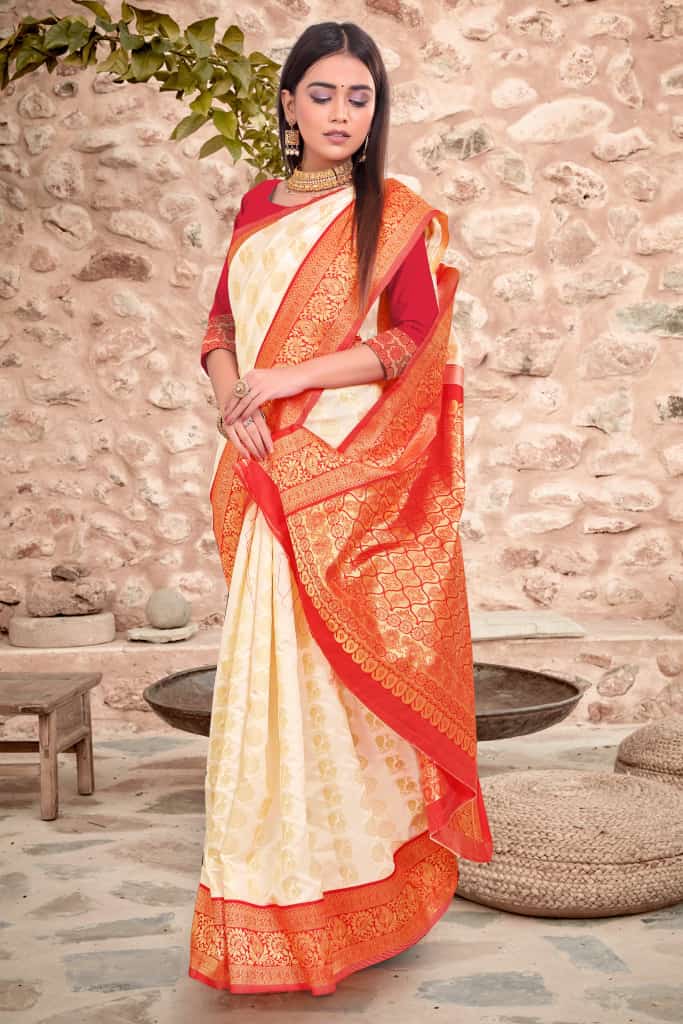 Stunning White And Red Soft Lichi Silk Saree