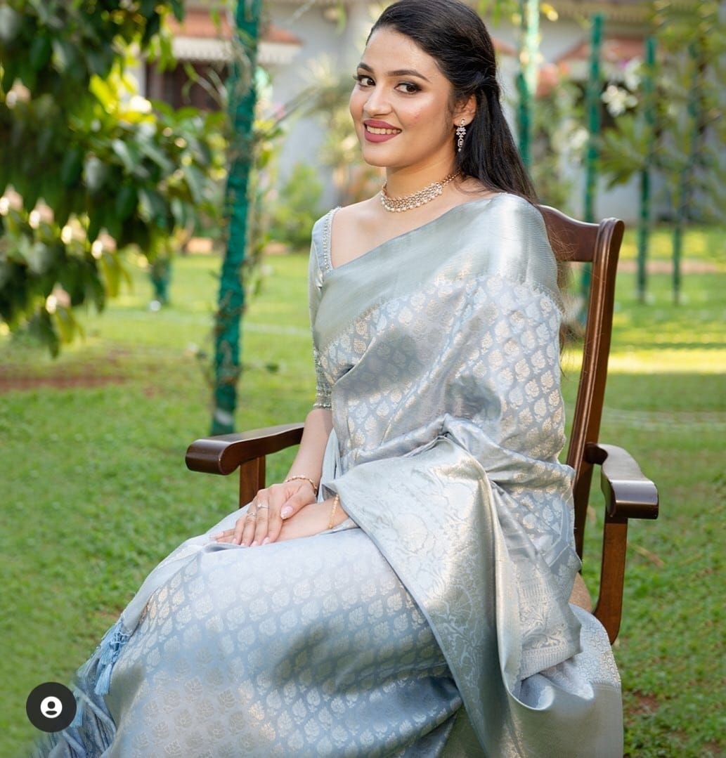 Good Looking Grey Color Banarasi Silk Saree