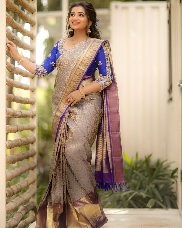 Stunning Grey Color Banarasi Soft Silk Saree