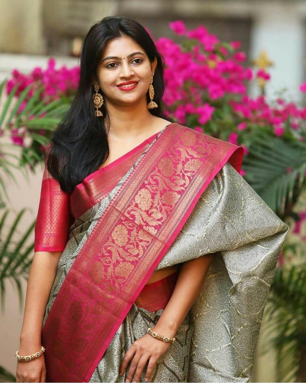 Stunning Grey With Pink Banarasi Silk Saree