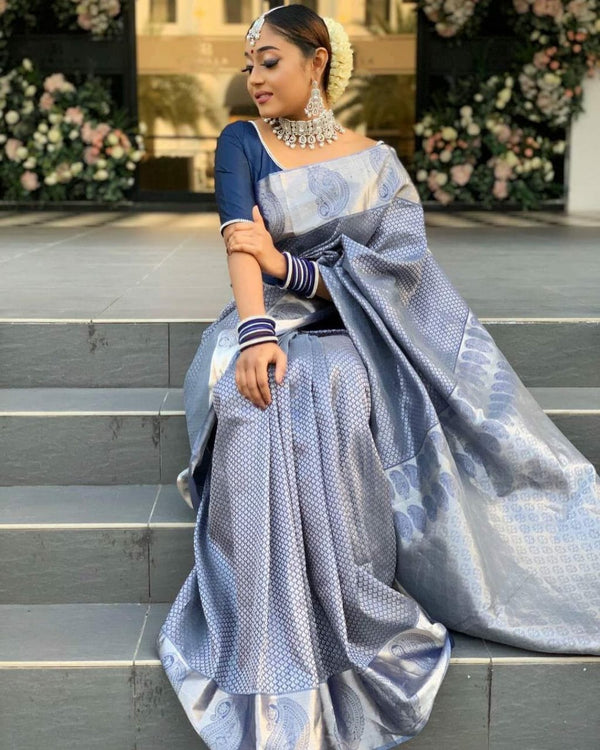Stunning Grey Color Jacquard Border Silk Saree