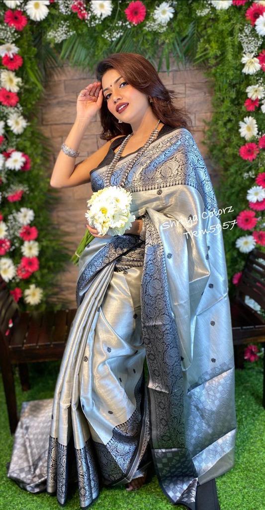 Grey Color Jacquard Border Banarasi  Saree