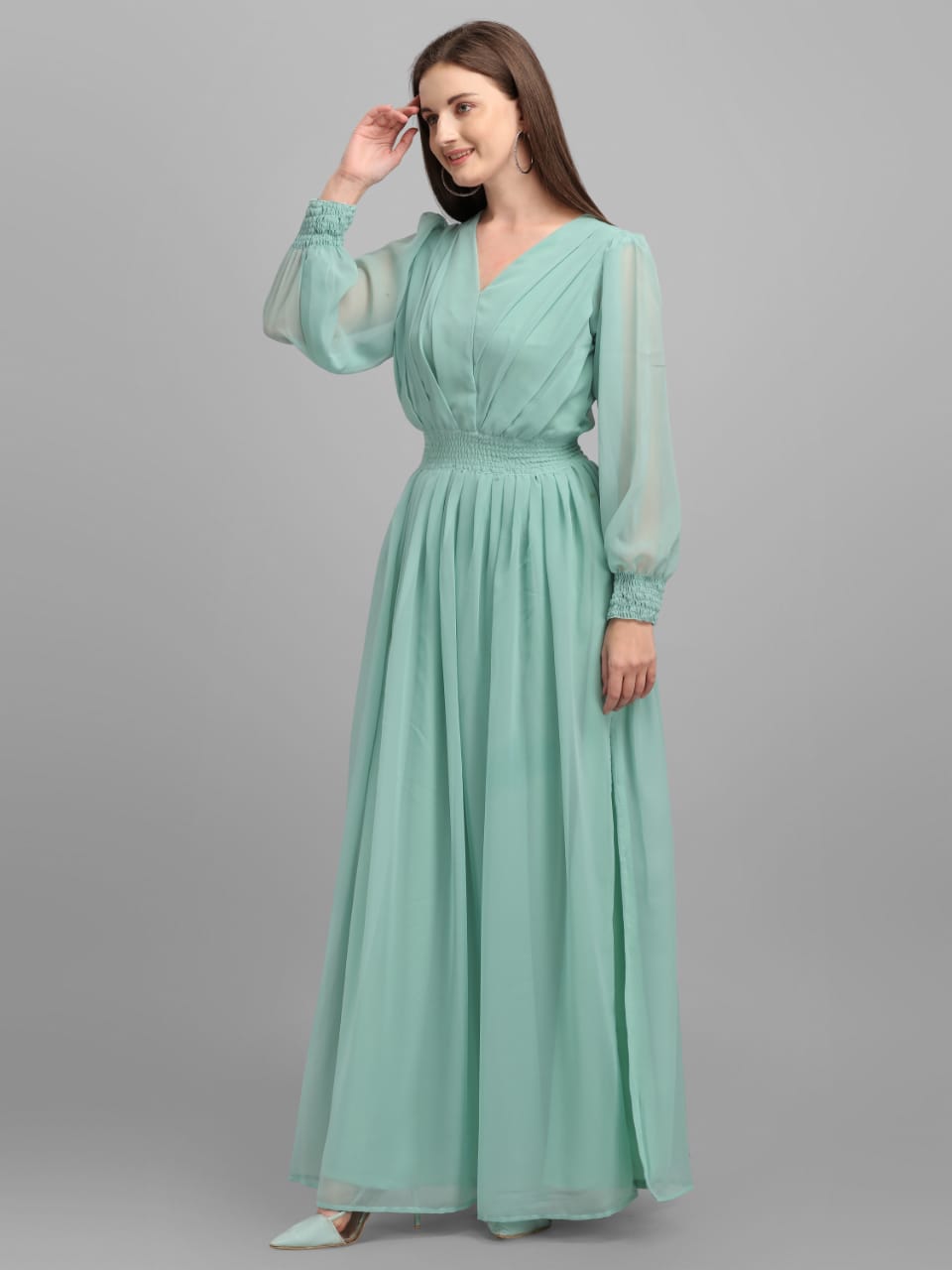 Trendy Pista Green Color Slide Slit Dress