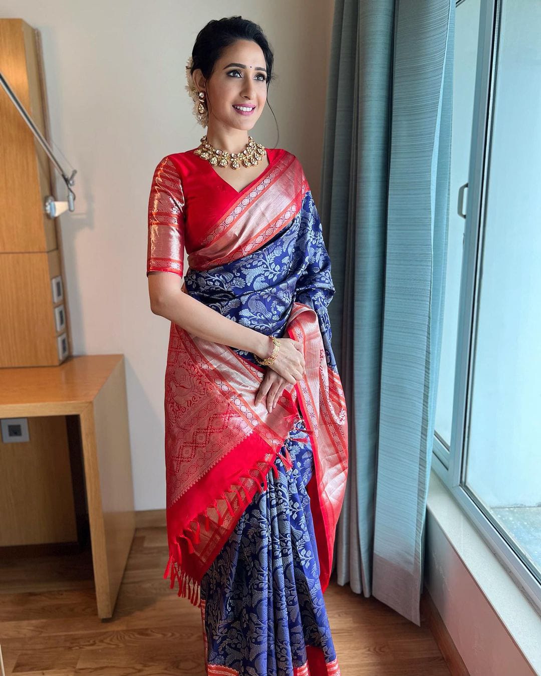 Blue With Red Color Soft Lichi Silk Amazing Saree