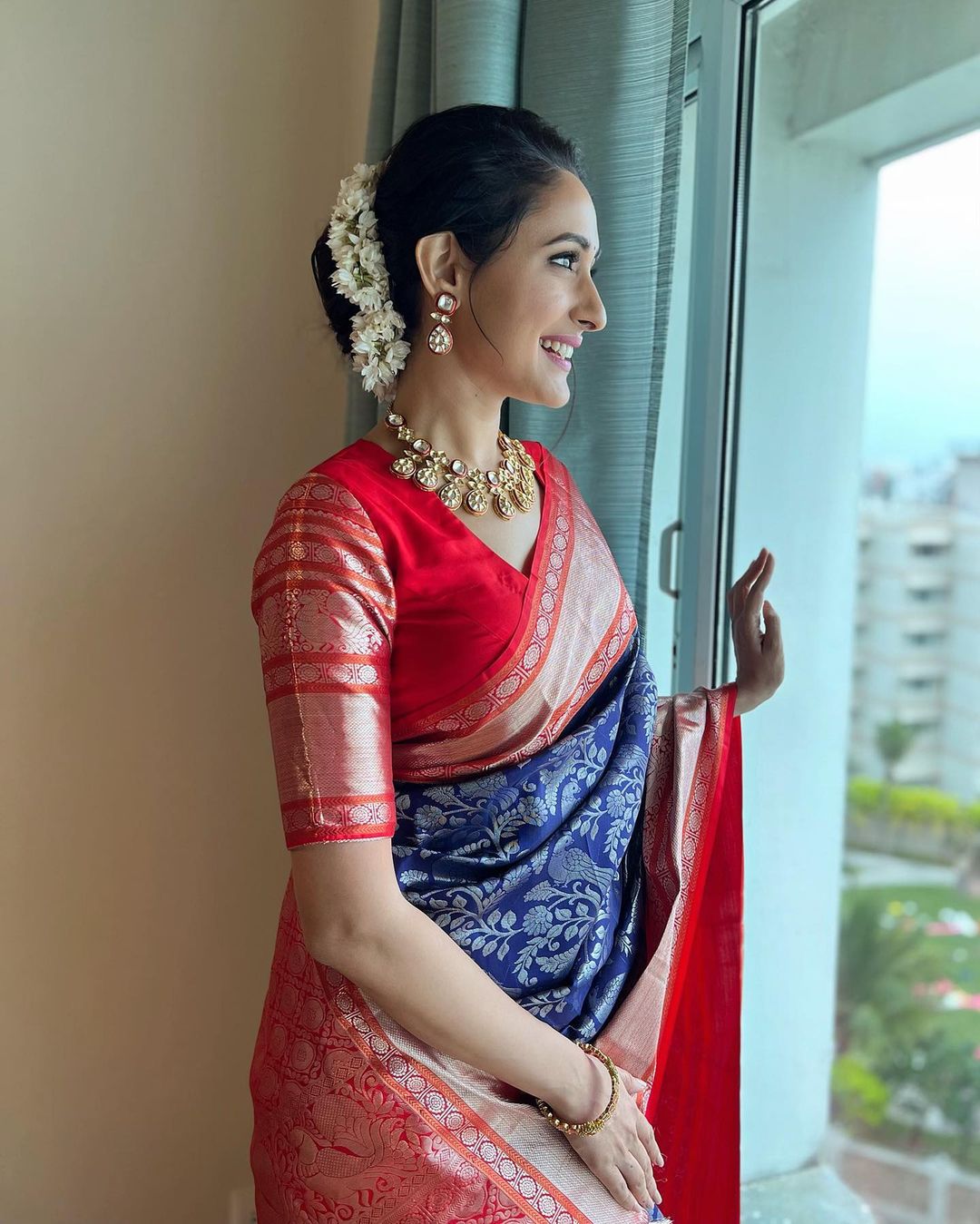 Blue With Red Color Soft Lichi Silk Amazing Saree