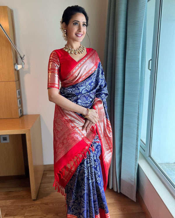 Blue With Red Color Soft Lichi Silk Amazing Saree