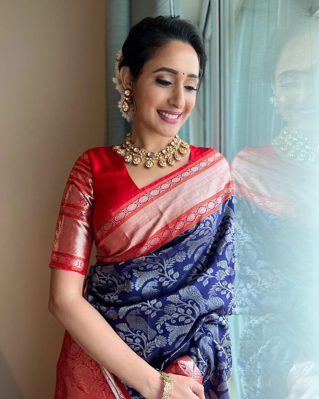 Blue With Red Color Soft Lichi Silk Amazing Saree