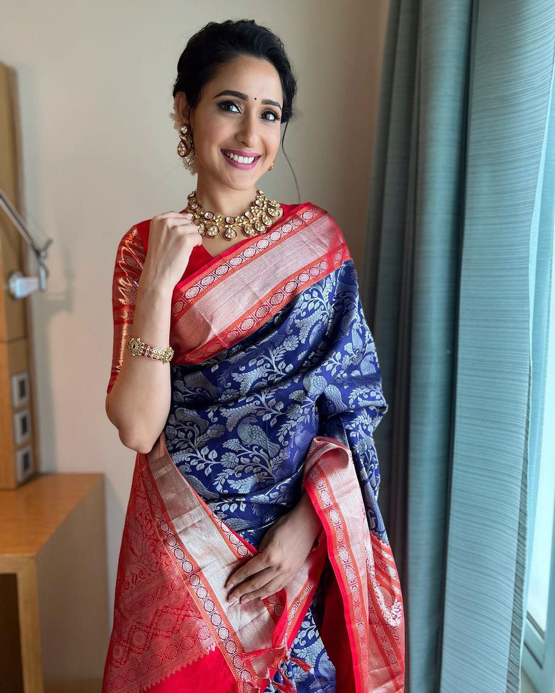 Blue With Red Color Soft Lichi Silk Amazing Saree