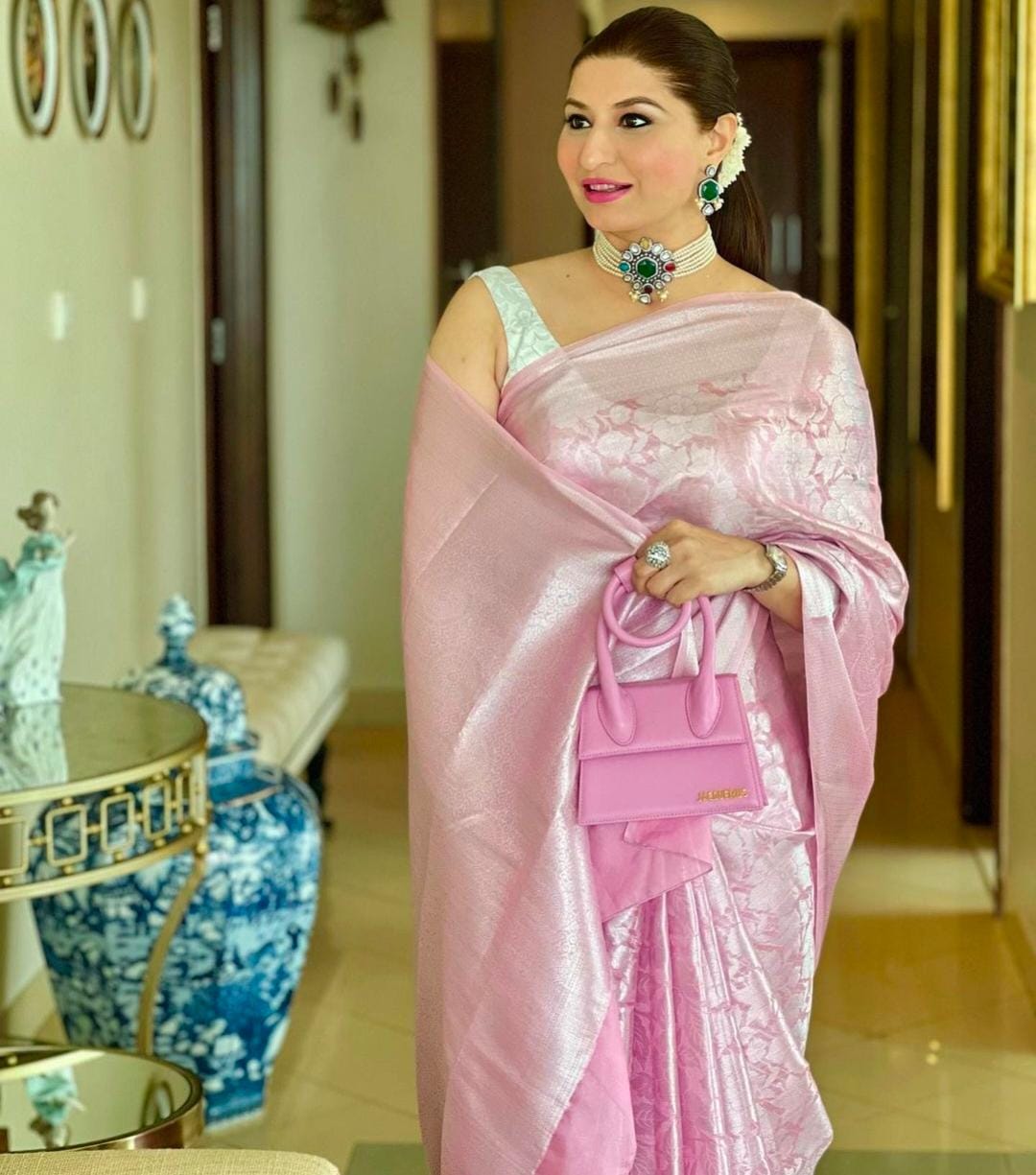 Delightful Baby Pink Soft Silver Work Saree