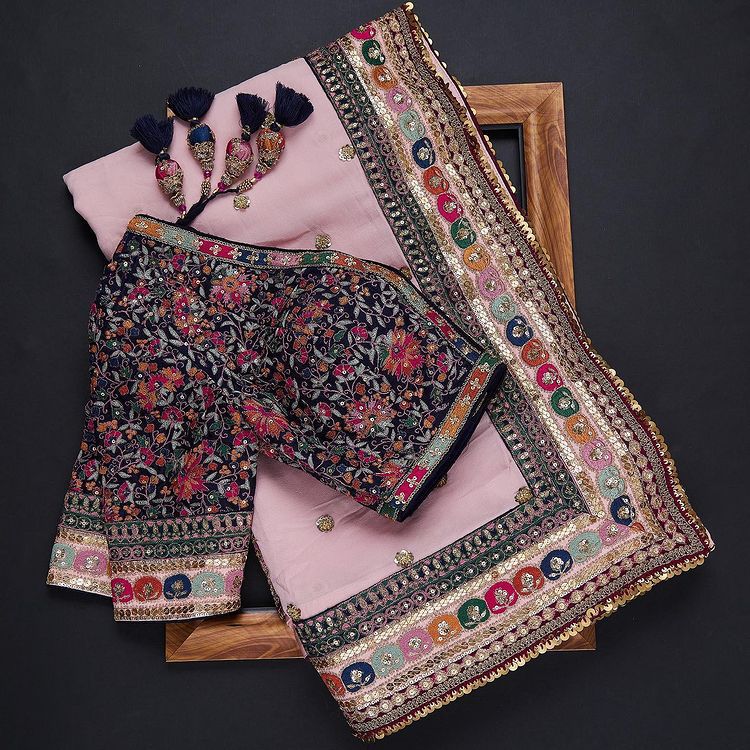 Light Pink Coding Embroidery Work Saree
