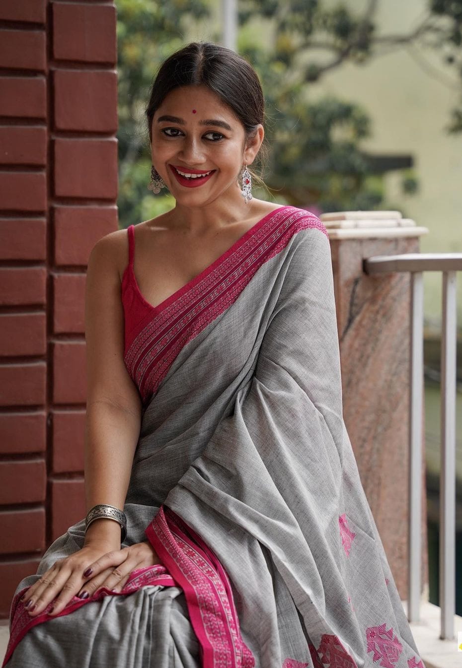 Adorable Grey With Maroon Border Cotton Saree