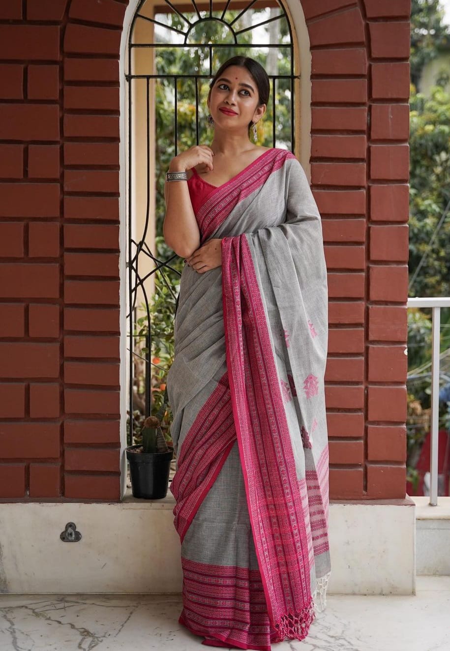 Adorable Grey With Maroon Border Cotton Saree