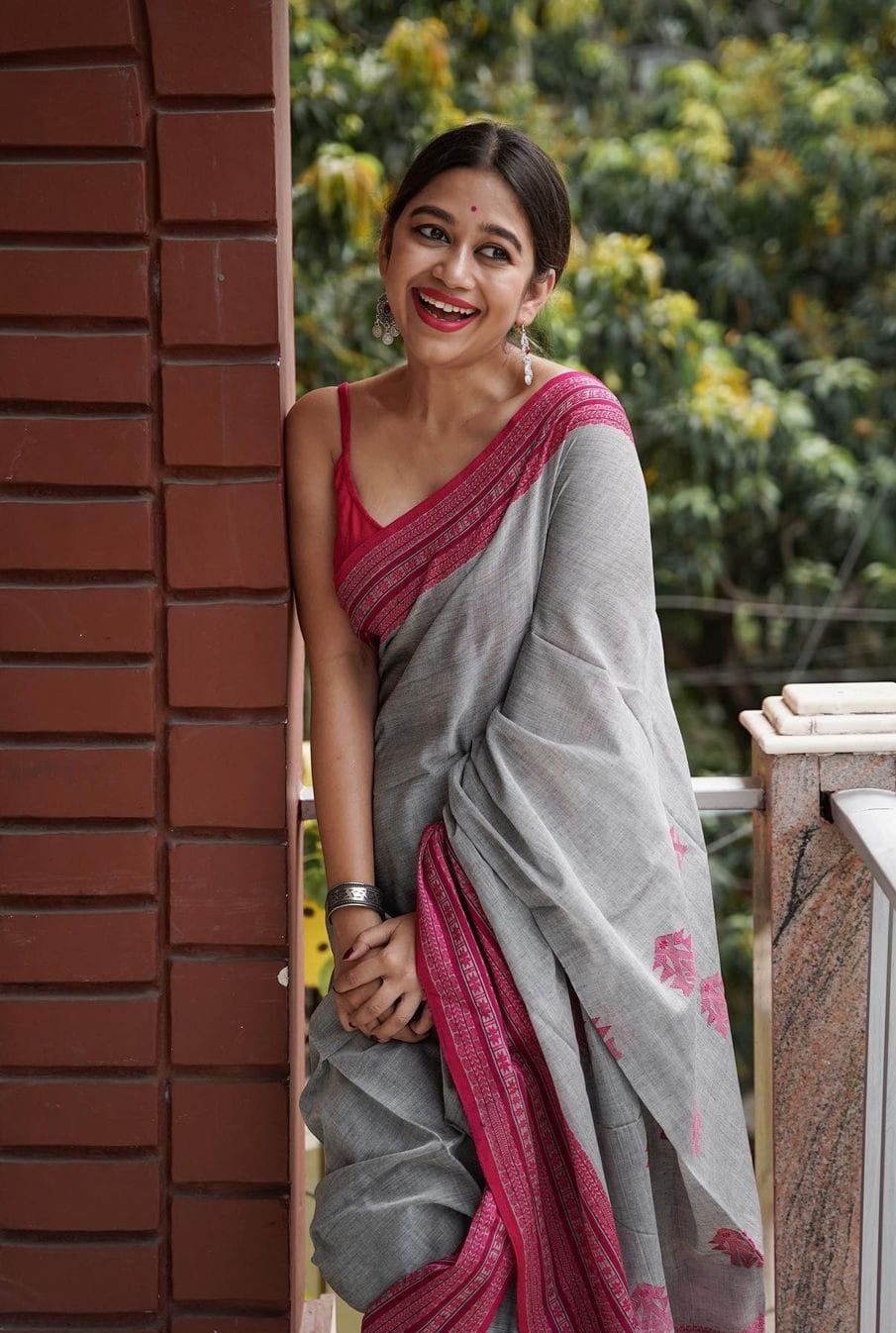 Adorable Grey With Maroon Border Cotton Saree