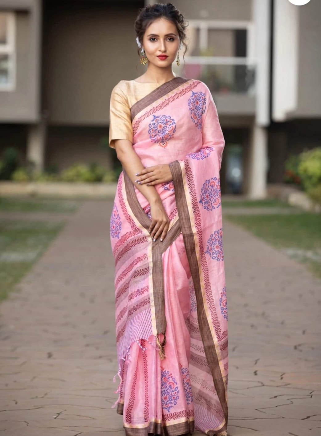 Elegant Light Pink Ajrakh Print Cotton Silk Saree