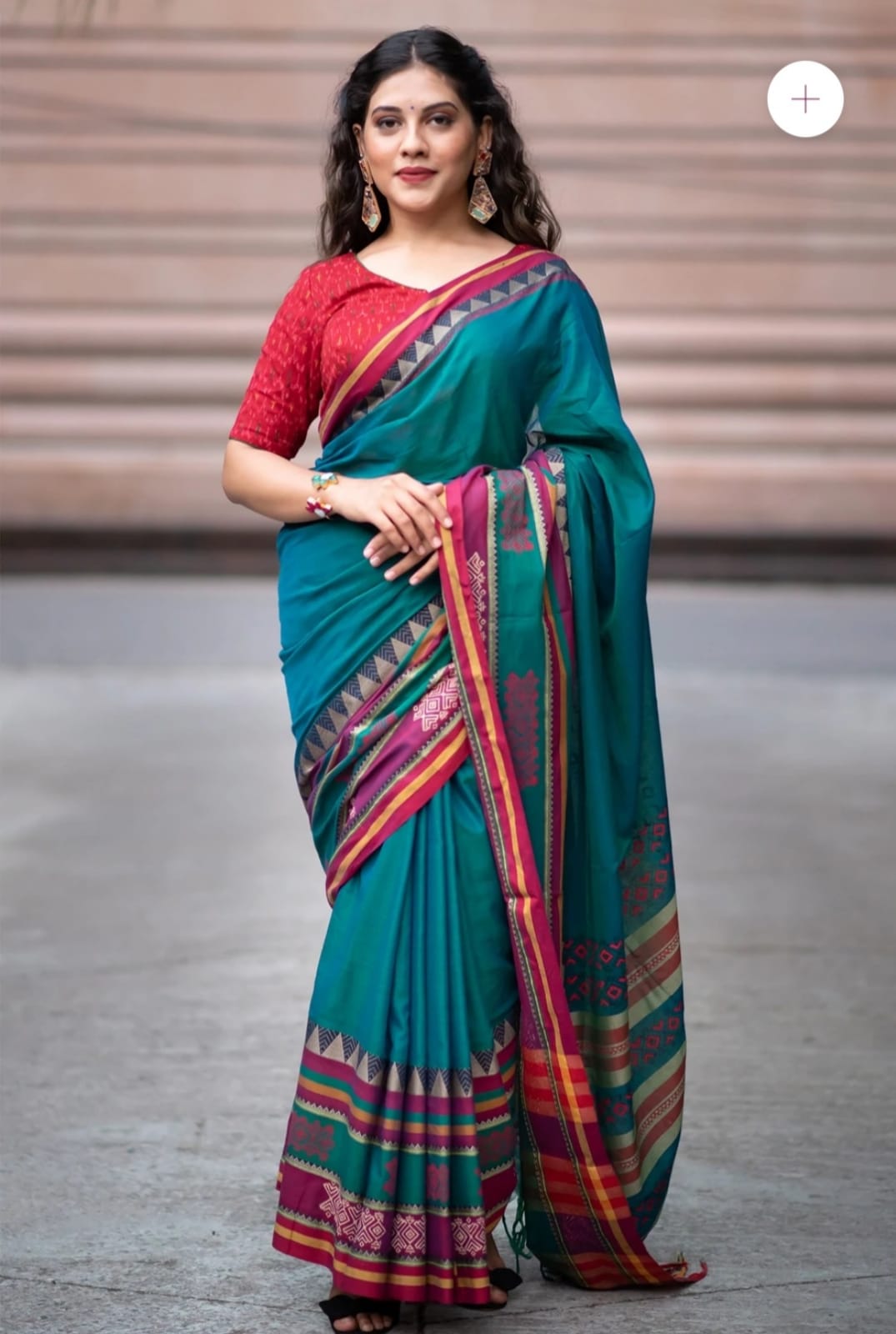 Admiring Teal Blue Ajrakh Print Cotton Saree