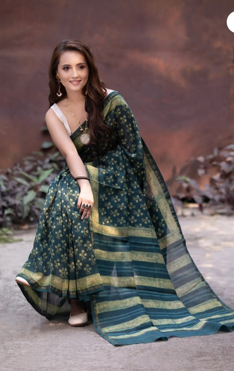 Opulent Dark Green Ajrakh Print Cotton Saree